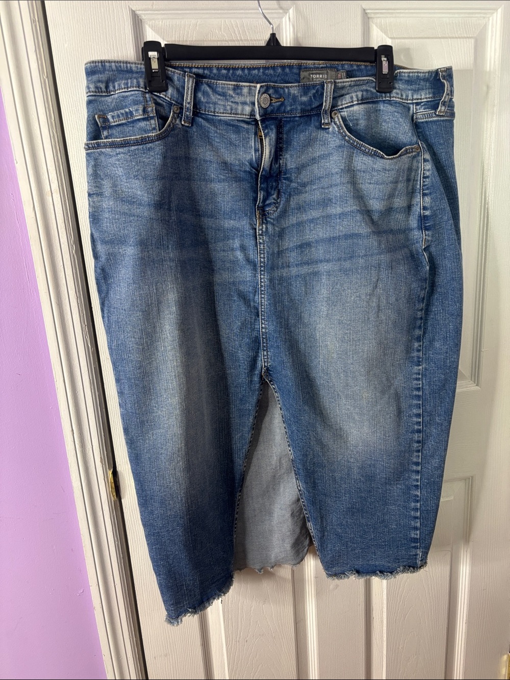 Blue Denim Midi Jean Skirt with High Front Slit